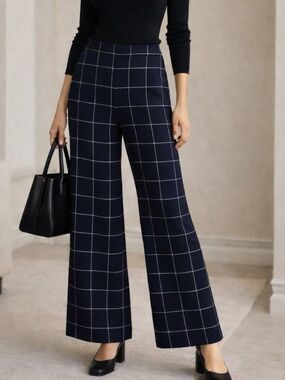 Chico’s Navy Windowpane Wide Leg Pants Pull-On Size 10